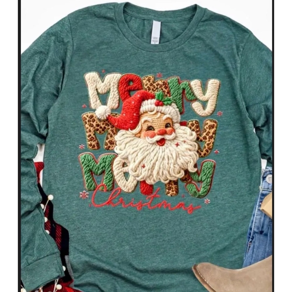 Merry Christmas Santa Claus Green Sweatshirt Leopard Print Graphic Pullover